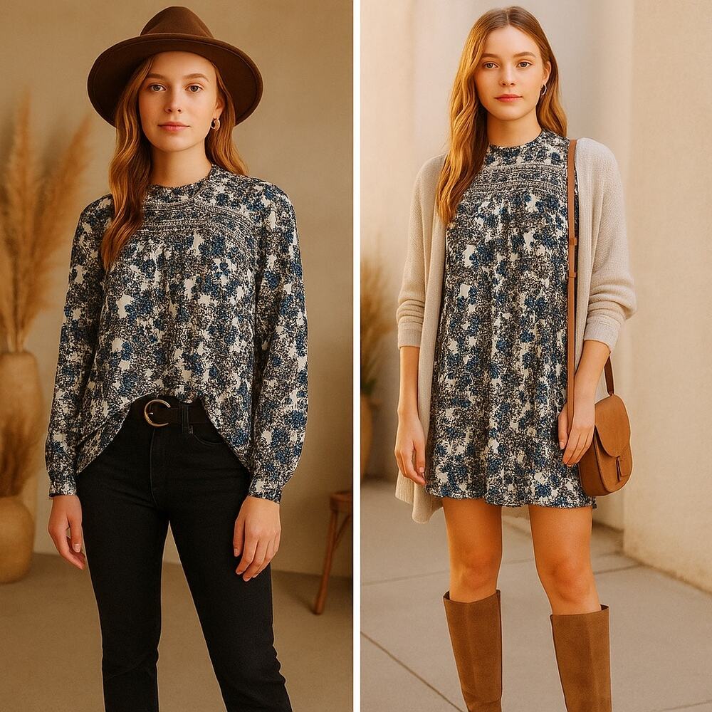 Free People Flowers In Her Hair Smocked Tunic Top Dress Boho Prairie Small